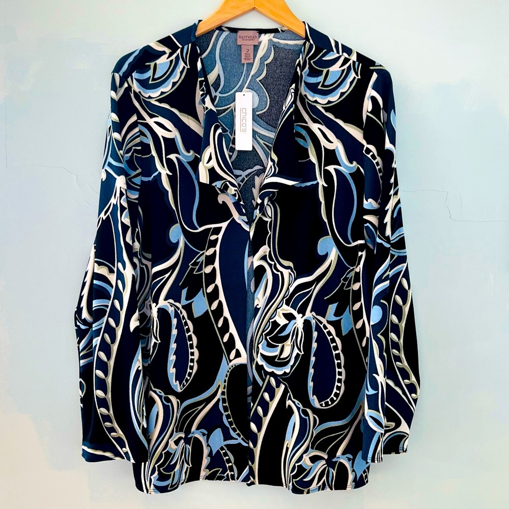 Jacket Chico’s Easywear sz 2 Floral & Paisley print Blues, Black & Tan NWT